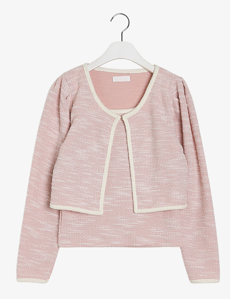 [SET] 트위드 셔링 배색 슬리브리스 가디건 세트