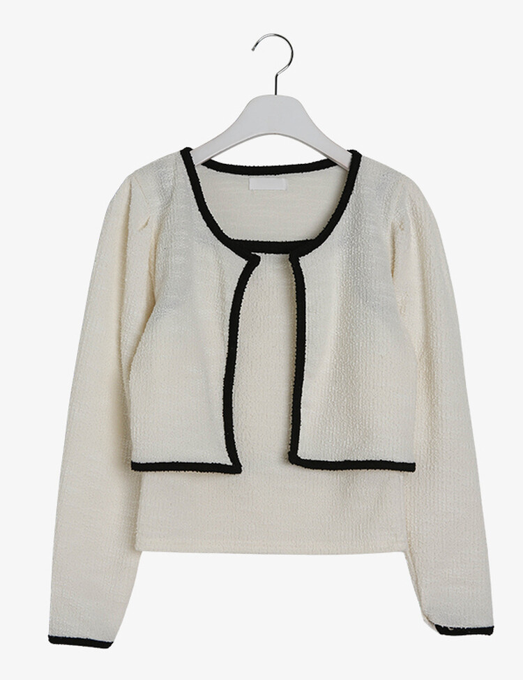 [SET] 트위드 셔링 배색 슬리브리스 가디건 세트