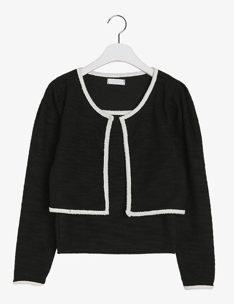 [SET] 트위드 셔링 배색 슬리브리스 가디건 세트