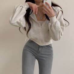 クロップフードジップアップパーカー オートミール