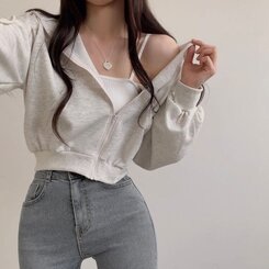 クロップフードジップアップパーカー オートミール