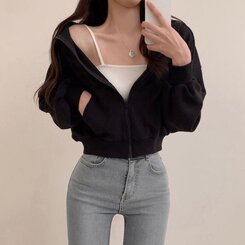 クロップフードジップアップパーカー ブラック