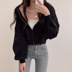 クロップフードジップアップパーカー ブラック