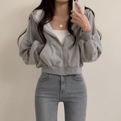 クロップフードジップアップパーカー グレー