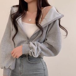 クロップフードジップアップパーカー グレー