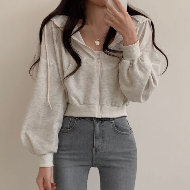 クロップフードジップアップパーカー オートミール