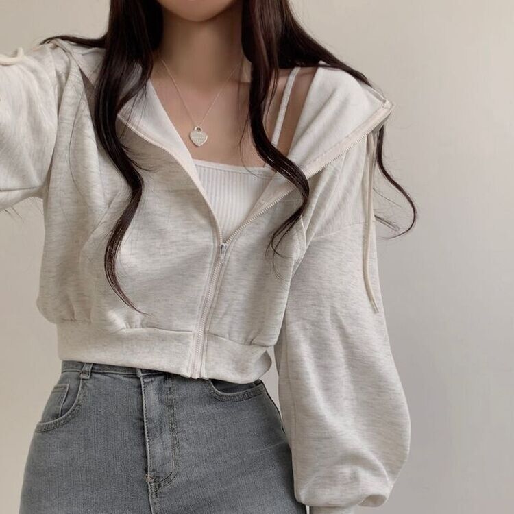 クロップフードジップアップパーカー オートミール