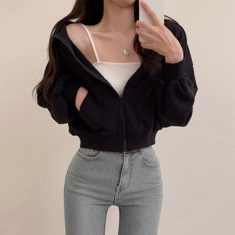 クロップフードジップアップパーカー ブラック