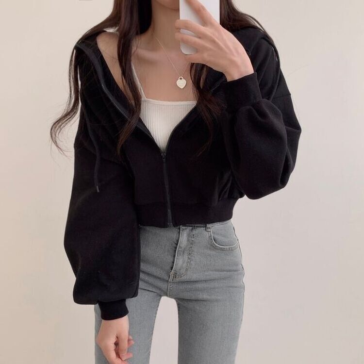 クロップフードジップアップパーカー ブラック