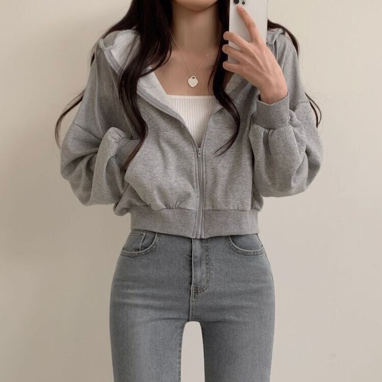 クロップフードジップアップパーカー グレー