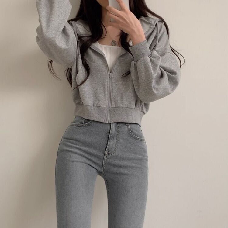 クロップフードジップアップパーカー グレー
