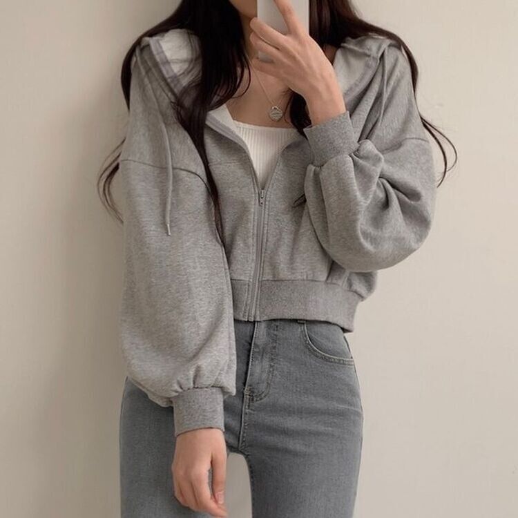クロップフードジップアップパーカー グレー