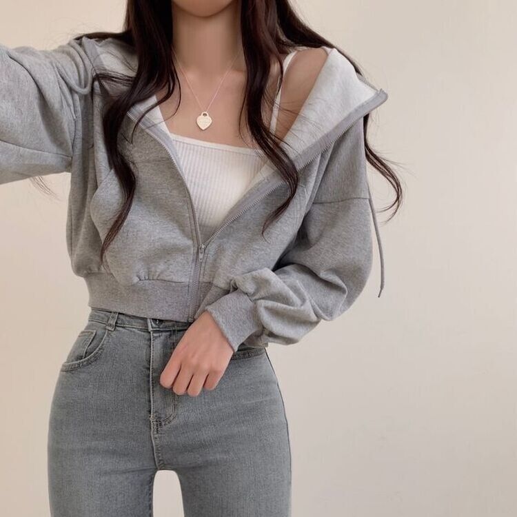 クロップフードジップアップパーカー グレー