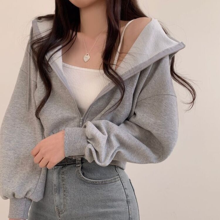 クロップフードジップアップパーカー グレー