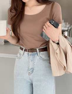 半袖Tシャツ モチモチ着やせ効果スリムTシャツ2種 ブラウン