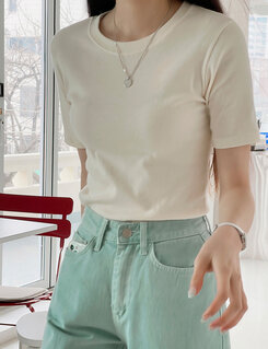 半袖Tシャツ モチモチ着やせ効果スリムTシャツ2種 ライトベージュ