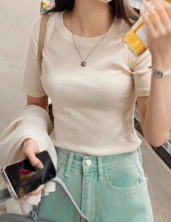 半袖Tシャツ モチモチ着やせ効果スリムTシャツ2種 ライトベージュ