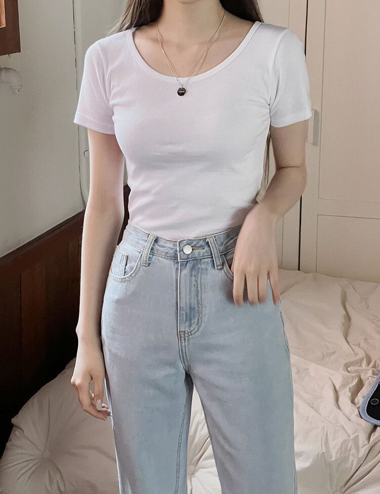 モチモチ着やせ効果スリムTシャツ2種 アイボリー