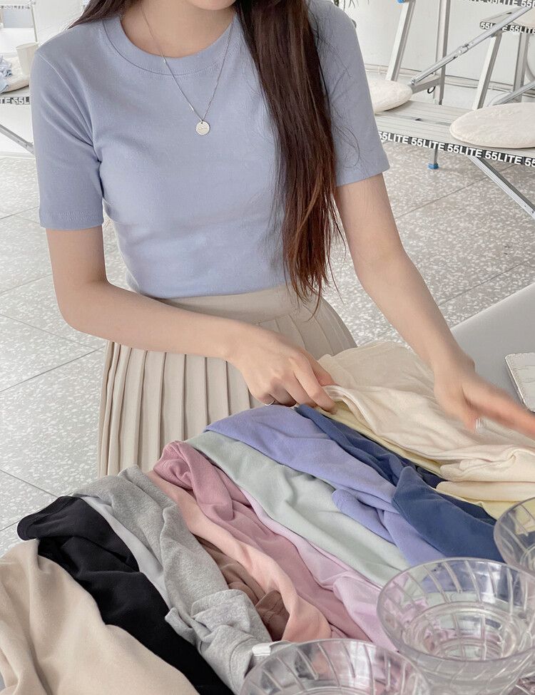 モチモチ着やせ効果スリムTシャツ2種 スカイブルー