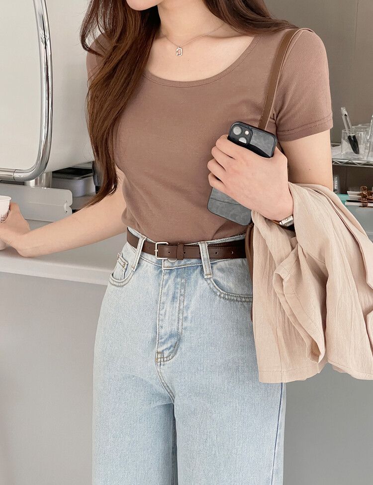 モチモチ着やせ効果スリムTシャツ2種 ブラウン