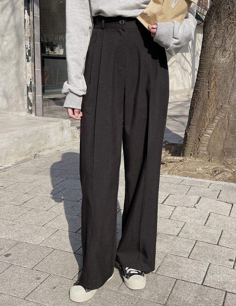ワンボタンハイウエストピンタックスラックス BLACK