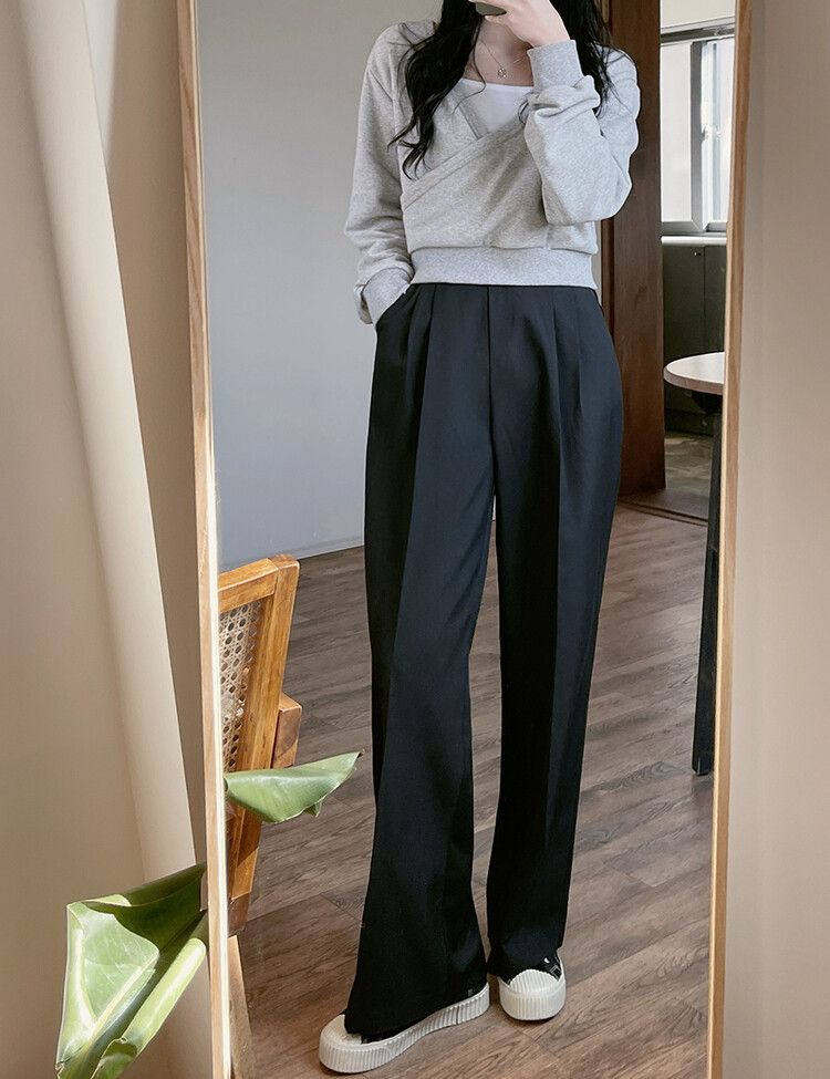 ワンボタンハイウエストピンタックスラックス BLACK