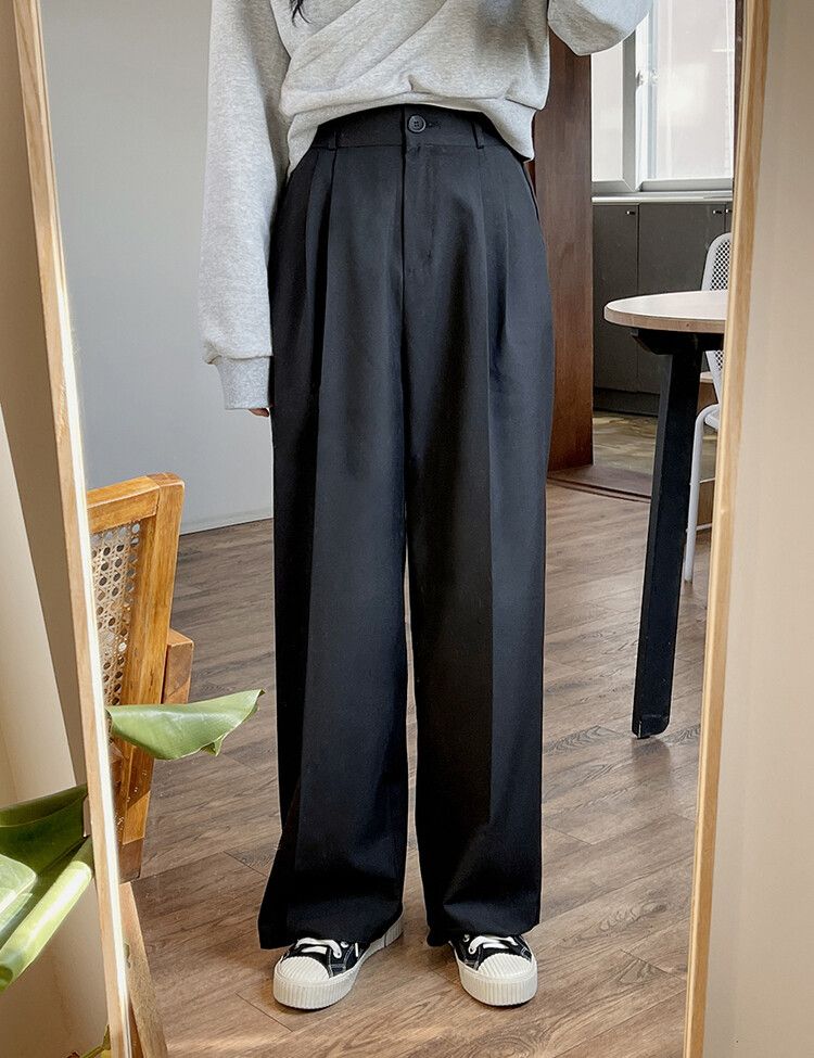 ワンボタンハイウエストピンタックスラックス BLACK