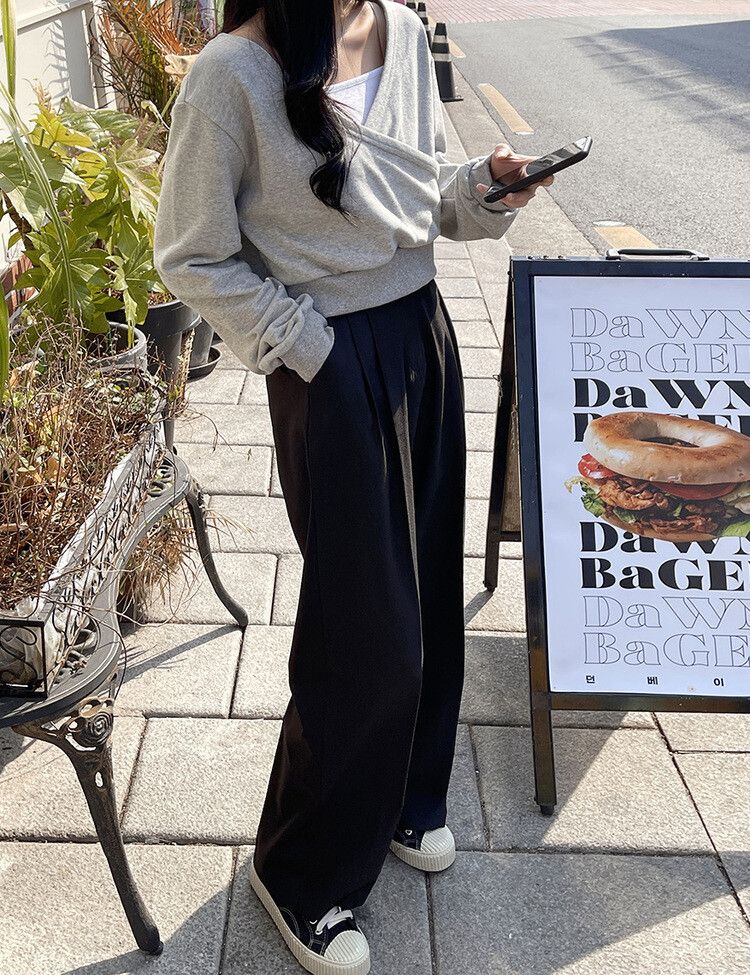 ワンボタンハイウエストピンタックスラックス BLACK