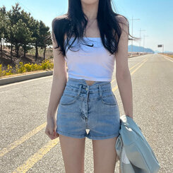 ショートパンツ ハイウエストデニムショートパンツ ライトブルー