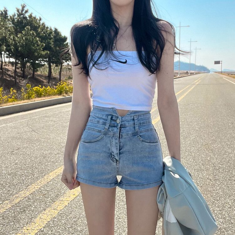 ハイウエストデニムショートパンツ ライトブルー