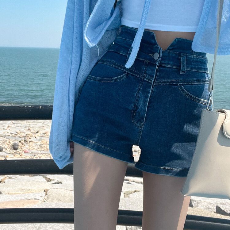 ハイウエストデニムショートパンツ ダークブルー