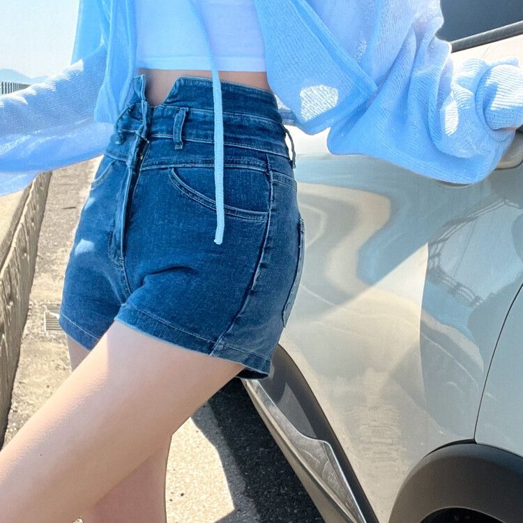 ハイウエストデニムショートパンツ ダークブルー