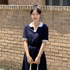 ロングワンピース 半袖配色ロングワンピース Navy