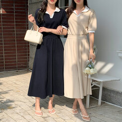 ロングワンピース 半袖配色ロングワンピース Beige