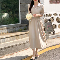 ロングワンピース 半袖配色ロングワンピース Beige