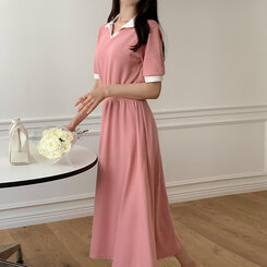 ロングワンピース 半袖配色ロングワンピース Pink
