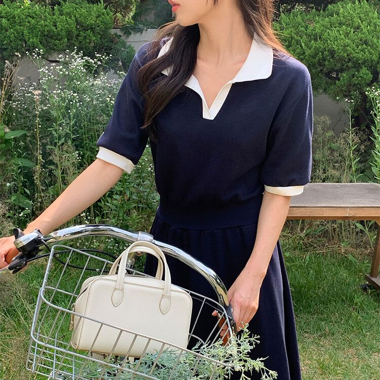 半袖配色ロングワンピース Navy