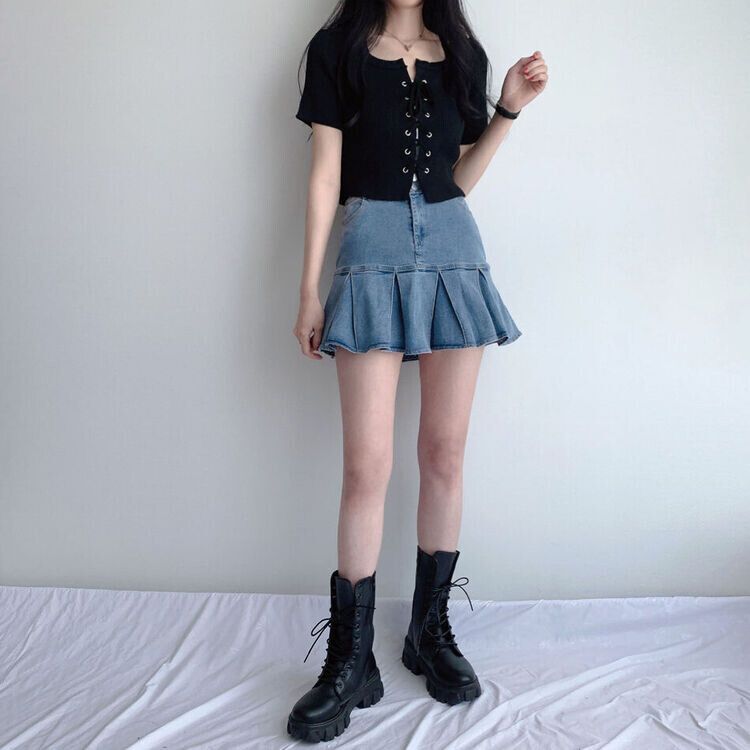 [新品] デニムミニスカート HOOK」for girls ボックスプリーツデニムミニスカート[品番