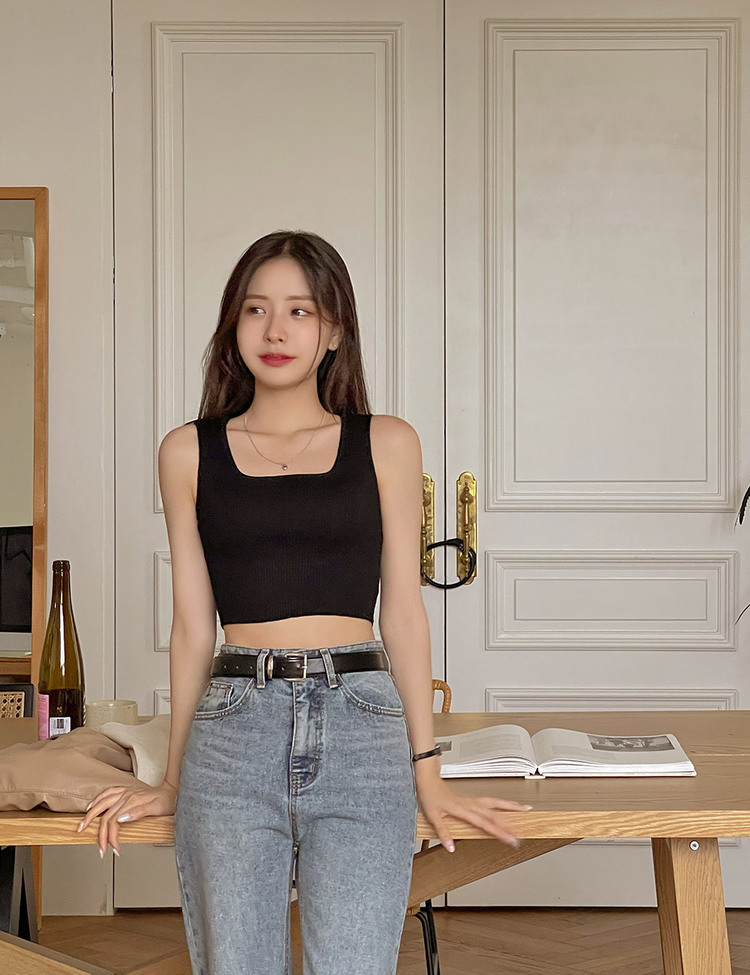 레브 스퀘어넥 골지 크롭 나시 블랙