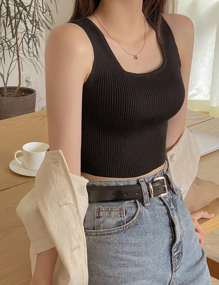 레브 스퀘어넥 골지 크롭 나시 블랙