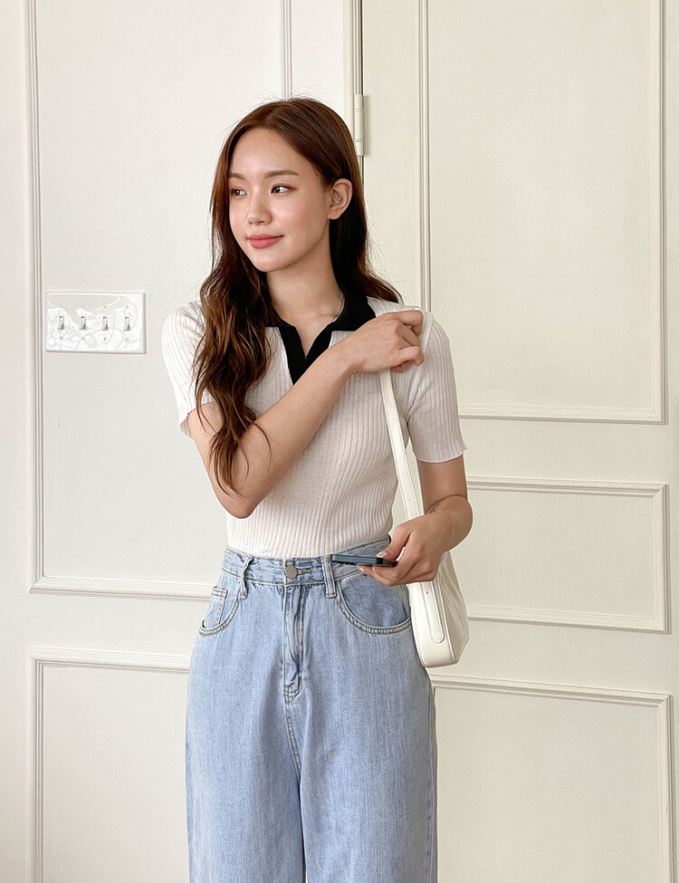 아로하 배색 카라 니트 아이보리