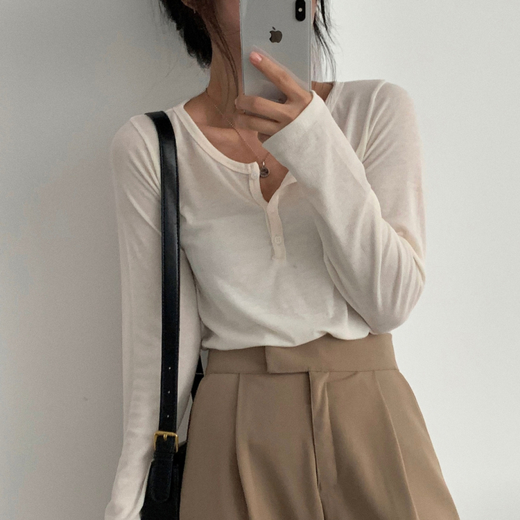 말라보이는 버튼 찰랑 티셔츠 4color 아이보리