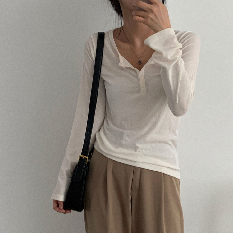 말라보이는 버튼 찰랑 티셔츠 4color 아이보리