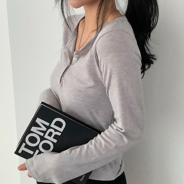 말라보이는 버튼 찰랑 티셔츠 4color 그레이