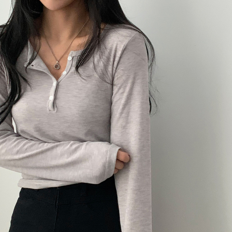 말라보이는 버튼 찰랑 티셔츠 4color 그레이