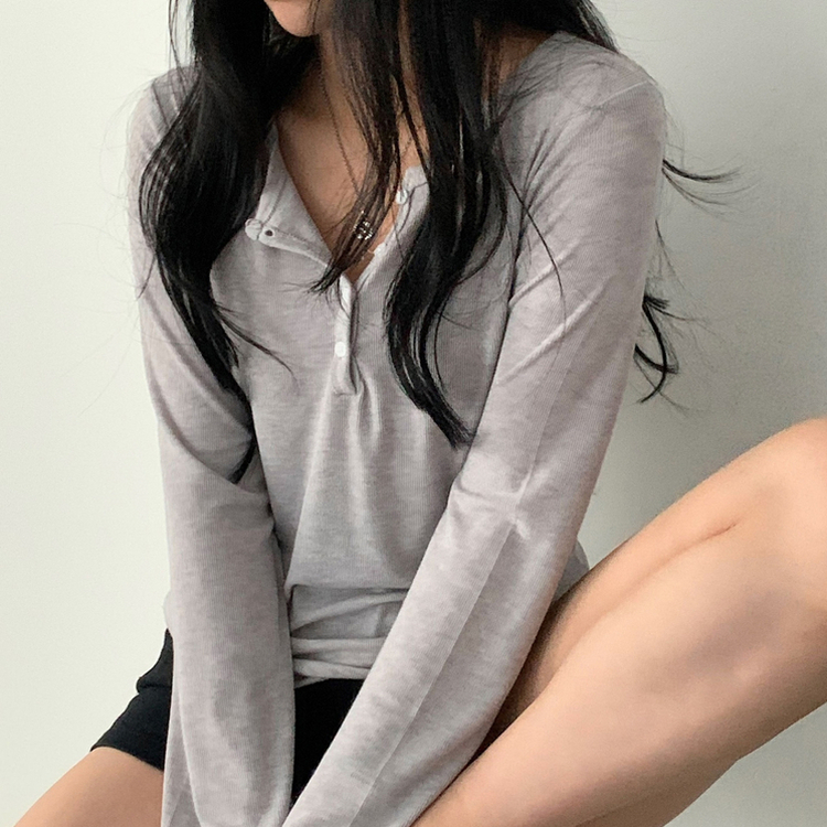 말라보이는 버튼 찰랑 티셔츠 4color 그레이