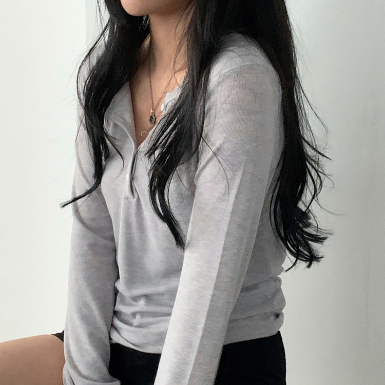말라보이는 버튼 찰랑 티셔츠 4color 그레이