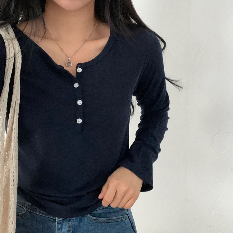 말라보이는 버튼 찰랑 티셔츠 4color 네이비