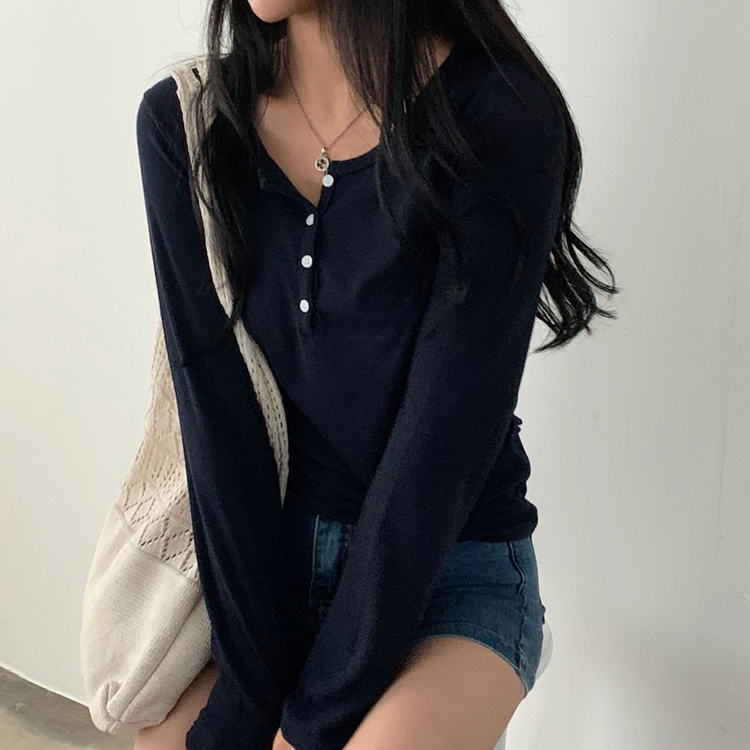 말라보이는 버튼 찰랑 티셔츠 4color 네이비