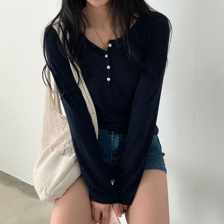 말라보이는 버튼 찰랑 티셔츠 4color 네이비